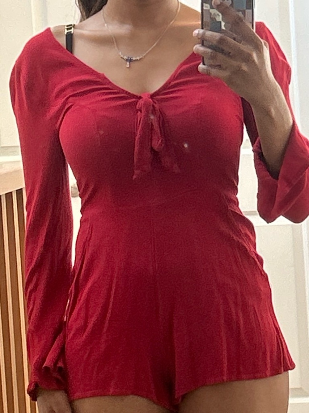 Kendall & Kylie Bright Red Long-Sleeve Tie-Front Tunic Romper